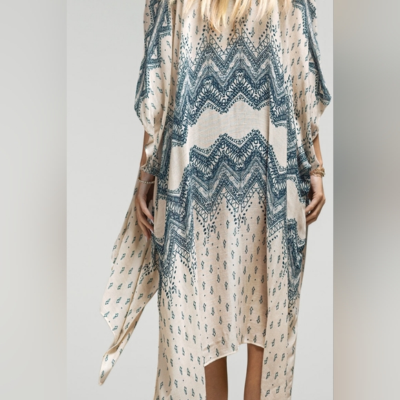Blue Chevron Boho Kimono w/ Intricate Design Details & a Silk Like Material - Picture 6 of 6